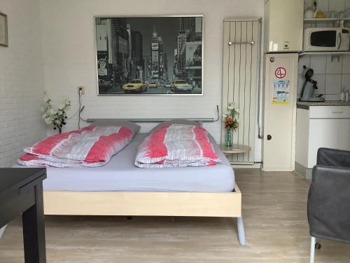 een bed met twee rode kussens op een kamer bij Dekker in Nijverdal