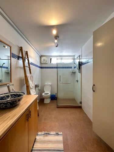 a bathroom with a sink and a shower and a toilet at Popus Heritage Townhouse, Georgetown in George Town