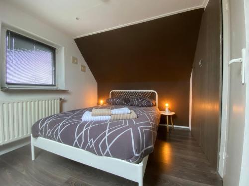 een slaapkamer met een bed in een kamer met een raam bij Tuusje in Vrouwenpolder