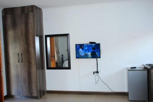a television hanging on a wall with a mirror at Tranquility Guesthouse in Standerton