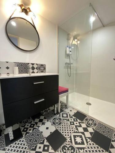 une salle de bain avec un lavabo et une douche avec un miroir dans l'établissement Appart 2 pièces 35m2,centre ville, parking gratuit, à Bourges