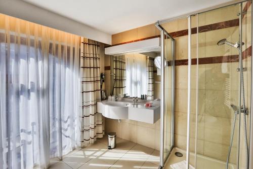 bagno con lavandino e doccia di Hotel Quartier Latin a Marche-en-Famenne