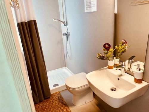 a bathroom with a toilet and a sink and a shower at Luxury Suite in Heerewaarden