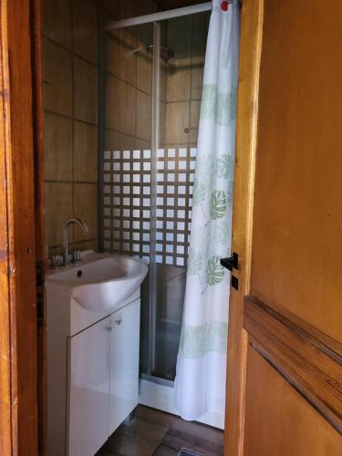 a bathroom with a sink and a shower curtain at Cabaña Los Acacios II y Los Los Acacios Lobos in Lobos