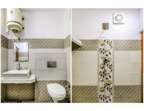 twee foto's van een badkamer met toilet en wastafel bij Hotel Rukmani Palace, Sri Ganganagar in Gangānagar