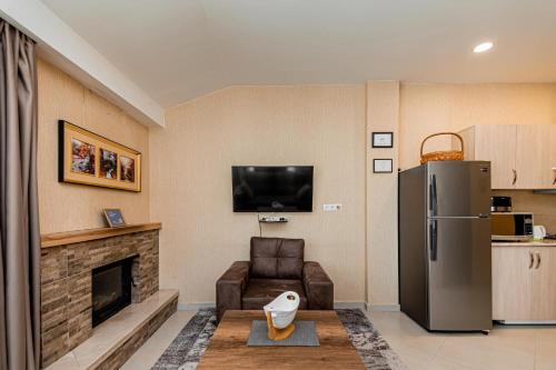 a living room with a fireplace and a refrigerator at Villa (second floor) in CRYSTAL in Bakuriani