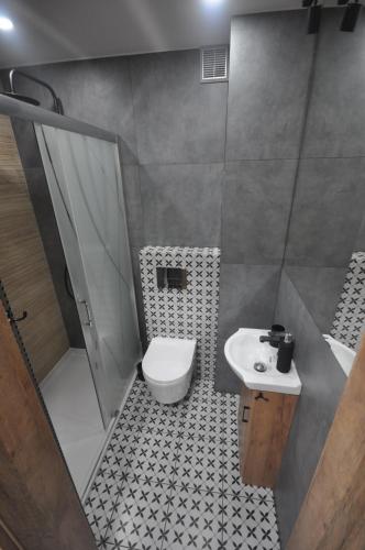 łazienka z toaletą i umywalką w obiekcie JDK Apartamenty Młynarska 44m2 6-osobowy w Kaliszu