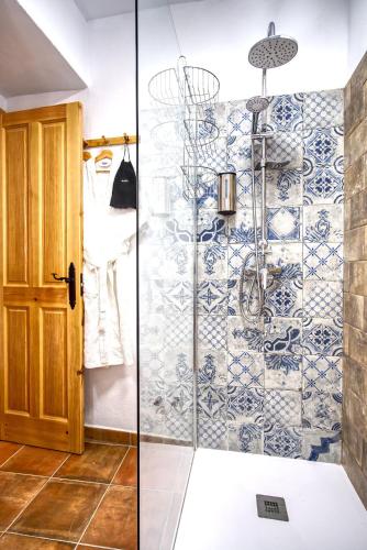 a bathroom with a shower with blue and white tiles at La Vieja Botica in Canillas de Aceituno