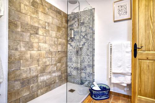a shower with a glass door in a bathroom at La Vieja Botica in Canillas de Aceituno