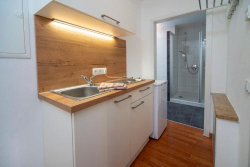 a white kitchen with a sink and a shower at Apartment - Wohnung Memmingen Nr. 3 in Memmingen