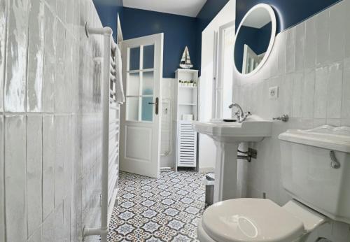 W łazience znajduje się toaleta, umywalka i lustro. w obiekcie FERSEN Superb Mediterranean style apartment in heart of Old Antibes w mieście Antibes