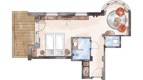 a floor plan of a small house at Adler Inn Tyrol Mountain Resort SUPERIOR in Tux
