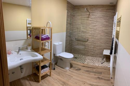 Trabazos的住宿－Casa Rural Flor de jara，一间带水槽、卫生间和淋浴的浴室