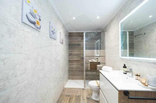 a bathroom with a shower and a toilet and a sink at Cruz Victoria By Silastur in Gijón