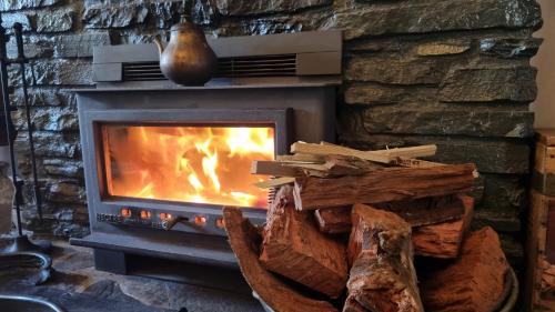 a living room with a fireplace with a fire at Hahndorf House B&B in Hahndorf