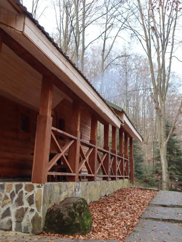 a log cabin in the woods with a stone wall at База відпочинку ШИПОВЕЦЬ in Poroškov