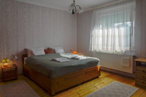 1 dormitorio con cama y ventana en Kis Tisza fishing guest house, en Tiszaug