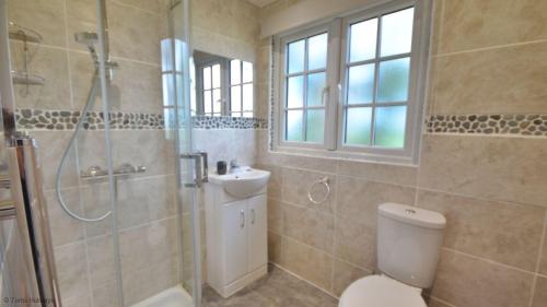 a bathroom with a shower and a toilet and a sink at 36 Tudor Court, Tolroy Manor in Hayle