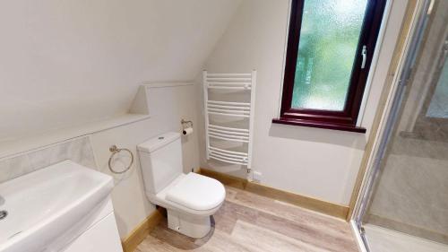 uma casa de banho com um WC, um lavatório e uma janela em 48 Trevithick Court, Tolroy Manor em Hayle