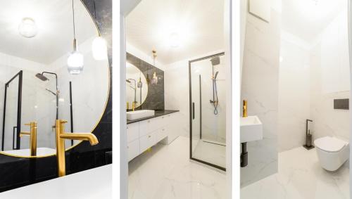 two images of a bathroom with a sink and a mirror at Apartament Olivia - ACCO RENT in Gdańsk