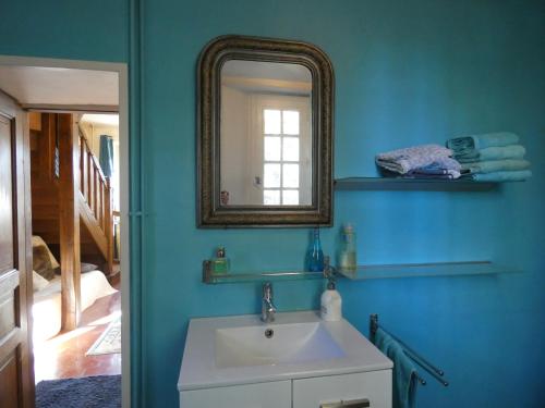 een blauwe badkamer met een wastafel en een spiegel bij La Ferme Familiale in Faverolles