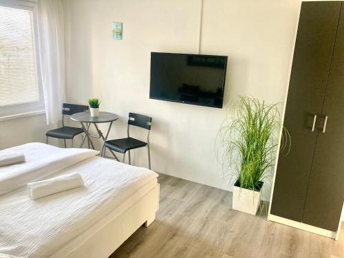 City Apartment في شتوروفو: غرفة نوم مع سرير وتلفزيون على الحائط