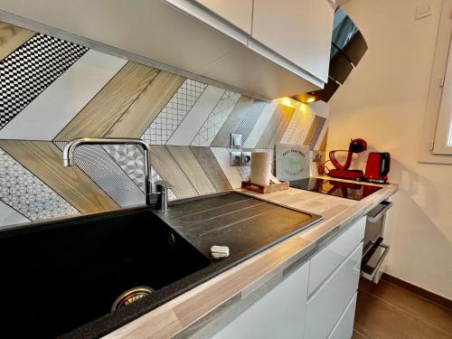 une cuisine avec un évier et un plan de travail dans l'établissement Superbe appartement cosy, à Annecy