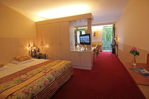 Habitación de hotel con cama y TV en Hotel Oolderhof, en Roermond