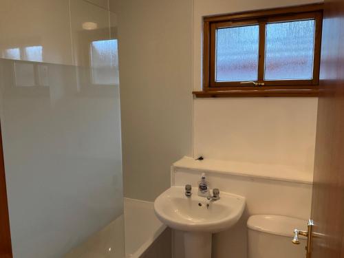 een badkamer met een wastafel, een toilet en een raam bij Culloden Apartment Free Parking in Inverness