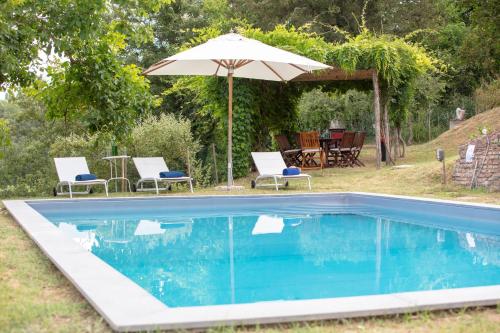 a swimming pool with an umbrella and chairs and a table at Villa Ginevra by Tenuta di Ghizzano in Ghizzano