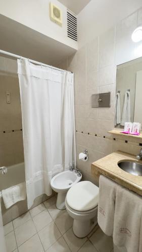 a bathroom with a toilet and a sink and a shower at Hotel Posada Del Sol in Salta