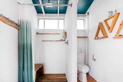 a bathroom with a toilet and a window at THE OHANA HOUSE, Amazing Tiny Home on A Volcanic Lava Field! in Kehena