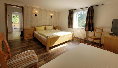 Schlafzimmer mit einem Bett, einem TV und einem Stuhl in der Unterkunft Ferienwohnungen "Tannenhäuser" in Kühlungsborn