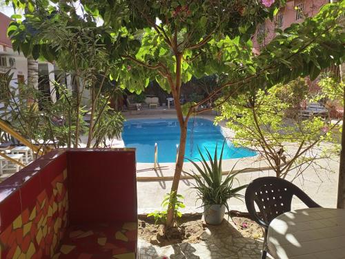 a swimming pool with a table and chairs and trees at Guesthouse Dalal ak Jàmm in Mbour