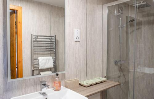 a bathroom with a sink and a shower and a mirror at Tarradale Cottage in Portree