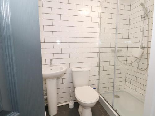 ein Bad mit einem WC, einem Waschbecken und einer Dusche in der Unterkunft Butterfly Cottage in Rossendale