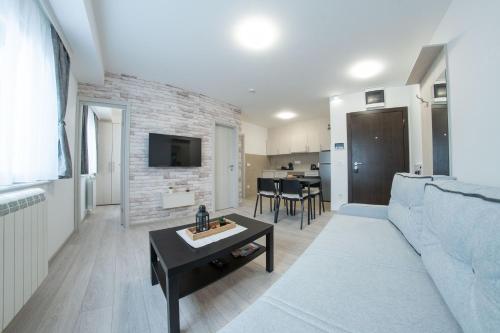 un soggiorno con divano e tavolo di Pegasus apartments a Belgrado