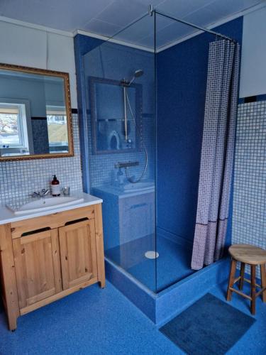 a blue bathroom with a shower and a sink at Guesthouse Hugo in Sørvágur