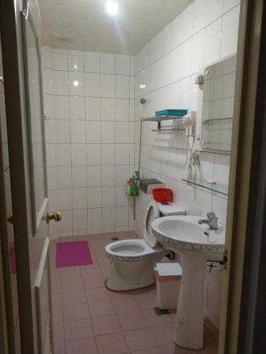 La salle de bains est pourvue de toilettes et d'un lavabo. dans l'établissement 煌家民宿, à Jinhu