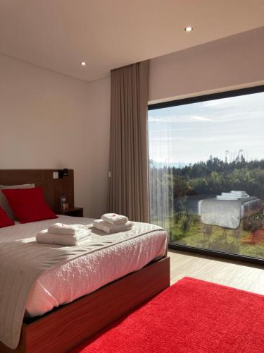 a bedroom with a large window and a red rug at Quintinha Silvestre in Tondela