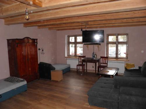 sala de estar con sofá y TV de pantalla plana en Apartament Rynek 30 en Osieczna