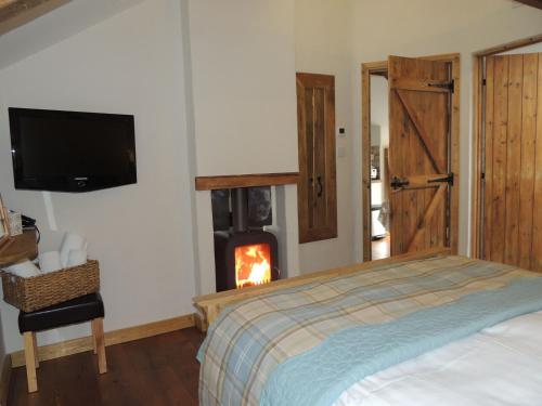 1 dormitorio con 1 cama y chimenea en Dolgoy Coach House Loft en Llwyn-Dafydd