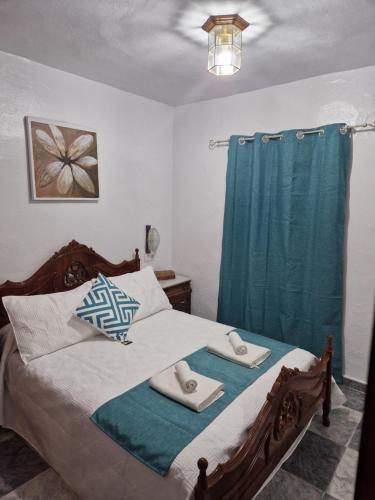 1 dormitorio con 1 cama con cortina de ducha azul en Casa Rural ¨Villa Vivares¨ 3*, en Miajadas