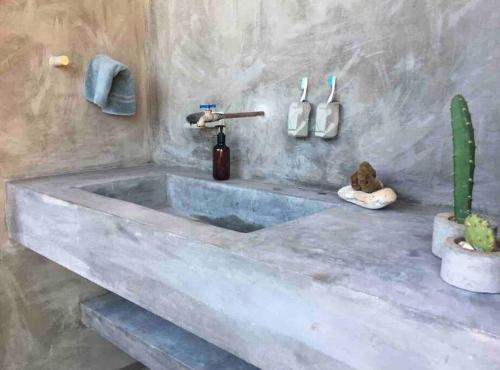 a bathroom with a large tub with a cactus at Peaceful beachside artist-designed in Puerto Escondido