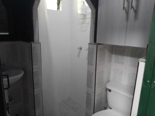 a bathroom with a white toilet and a sink at Chalet a orillas del rio Pance in Cali