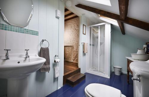 a bathroom with a sink and a toilet and a shower at Bryn-y-Gof in Llwyn-Dafydd