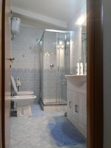 ein Bad mit einer Dusche, einem WC und einem Waschbecken in der Unterkunft B&B Mansarda in Caserta