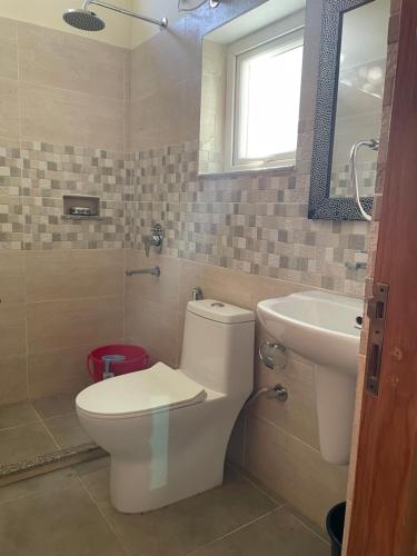 a bathroom with a toilet and a sink at Francolin Lodge-Farmstay @ Darima in Mukteswar