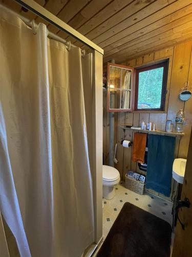 uma casa de banho com um chuveiro e um WC. em GREENS LIMIT 6 cottage 
