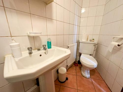 La salle de bains est pourvue d'un lavabo blanc et de toilettes. dans l'établissement 210 coldharbour lane, à Londres